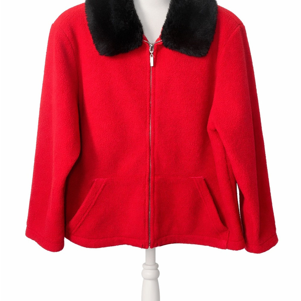 Emma James Red Fleece Jacket Black Faux Fur Collar Zip Women’s S
